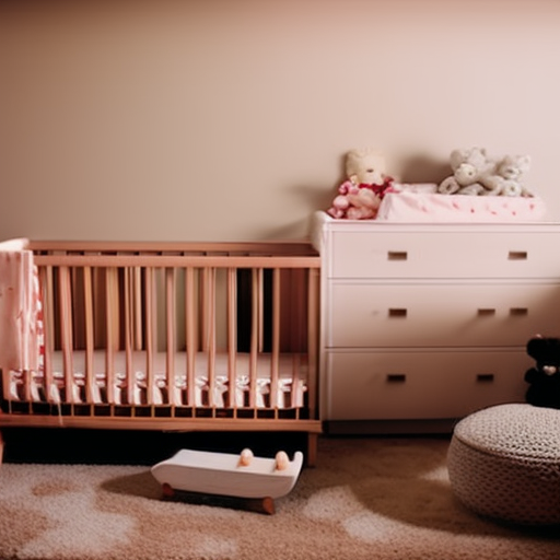 An image showcasing a cozy nursery with a stylish crib adorned with plush bedding and surrounded by shelves filled with discounted Target baby furniture, including a chic rocking chair and a practical changing table