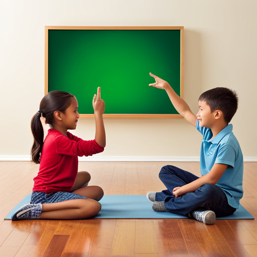 An image showcasing two children engaged in a friendly game of charades, their expressive faces and animated gestures highlighting the importance of teaching non-verbal communication skills to foster kind and empathetic interactions