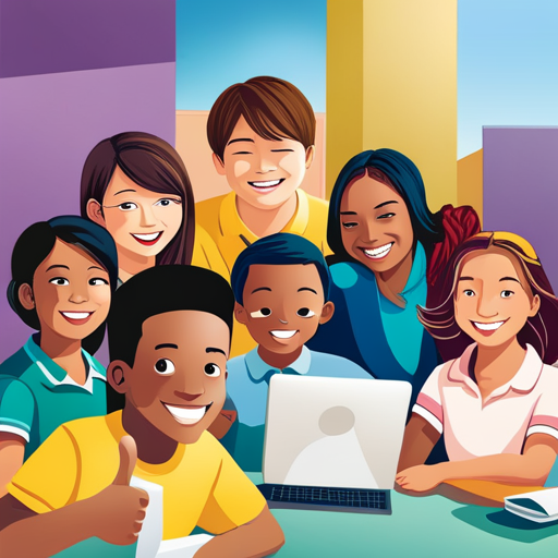 An image of diverse children happily sharing kind messages across various digital platforms, depicting smiling faces, thumbs up emojis, and colorful speech bubbles filled with encouraging words, fostering a positive online environment