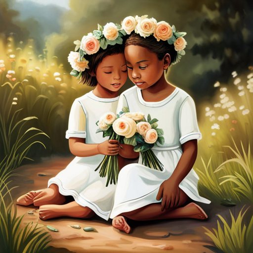 An image depicting two children, one offering a handmade flower crown to another, showcasing the power of small acts of kindness