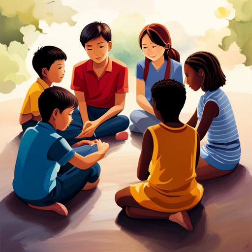 An image capturing an engaging scene of children sitting in a circle, leaning in attentively, their eyes fixed on a speaker, demonstrating active listening skills by nodding, maintaining eye contact, and mirroring body language
