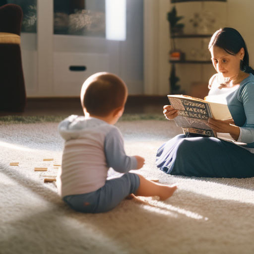 An image of a parent sitting calmly on the floor, engaged in an activity like reading or building blocks, while their toddler observes, mirroring their patience and attentiveness