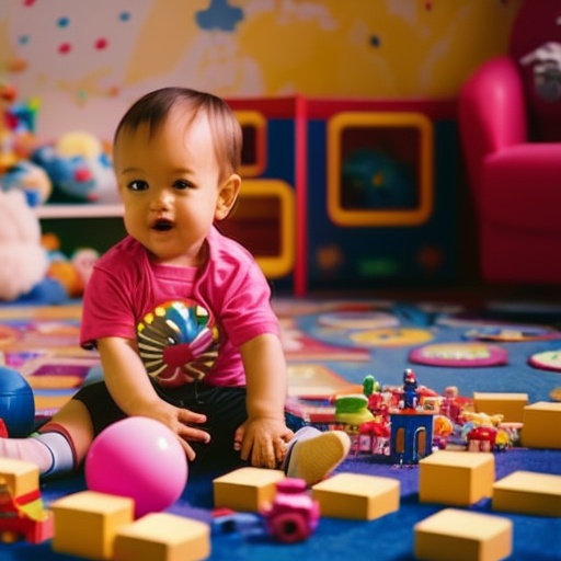 An image of a toddler sitting cross-legged in a colorful playroom, eagerly gazing at a clock on the wall with a smile, while surrounded by toys scattered on the floor, representing the concept of teaching toddlers about waiting