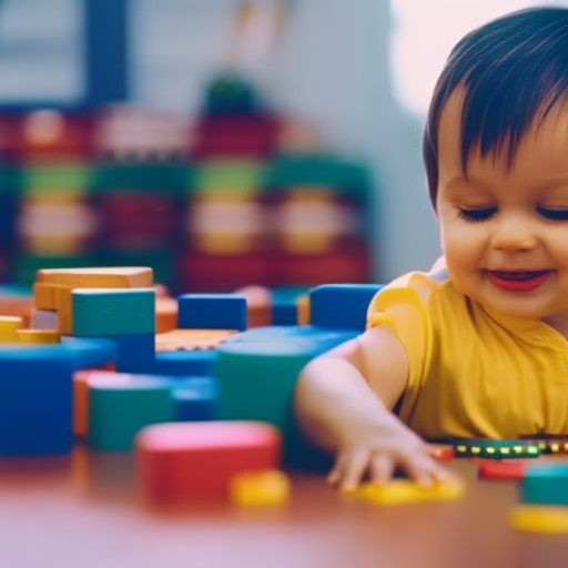 An image of a smiling toddler patiently stacking colorful blocks, conveying the benefits of teaching patience: improved focus, problem-solving skills, and emotional regulation