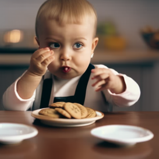 An image capturing a toddler sitting at a table, intently focused on a plate of cookies in front of them, while a timer ticks down in the background, symbolizing the concept of delayed gratification