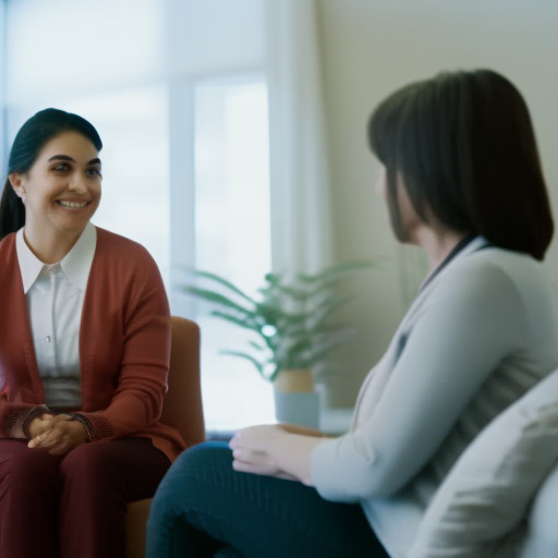 An image of a caring parent sitting in a cozy therapist's office, engaged in a heart-to-heart conversation with a patient professional