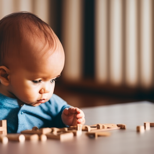 An image of a toddler sitting in front of a wooden puzzle, deeply focused on placing the correct pieces together