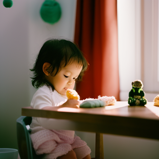 An image depicting a serene nursery, bathed in soft morning light, with a toddler sitting calmly at a small table, engrossed in a simple morning routine chart, showcasing the power of establishing a consistent routine to teach patience to toddlers
