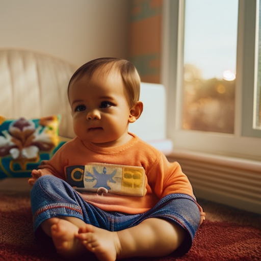 An image depicting a toddler sitting cross-legged on a colorful cushion, engrossed in a captivating jigsaw puzzle