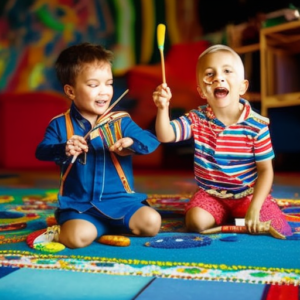 An image capturing two children sitting cross-legged on a brightly colored rug, joyfully passing a single paintbrush between them as they collaborate on a vibrant masterpiece, their faces glowing with excitement and teamwork