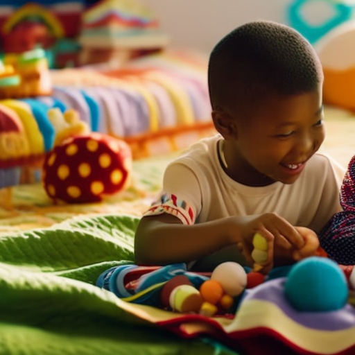An image capturing the essence of sharing and cooperation: two children sitting side by side on a colorful quilt, happily exchanging toys while collaborating on a creative project, their joyful expressions reflecting the significance of unity and generosity