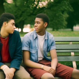 An image of two teenagers sitting on a park bench, engrossed in a deep conversation