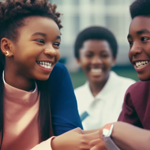 An image depicting diverse teenagers engaged in open conversations, actively listening to one another, and sharing laughter and support