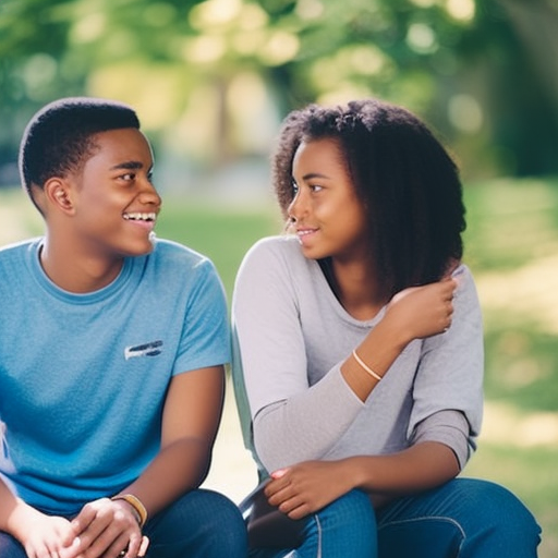 An image showcasing two diverse teenagers engaged in a respectful conversation, one visibly expressing their personal boundary with an assertive gesture, while the other is attentively listening, demonstrating the essence of consent and the importance of setting boundaries in healthy relationships