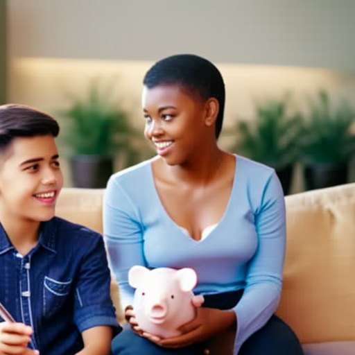 An image that showcases a parent and teenager sitting side by side, engaged in a conversation about money management