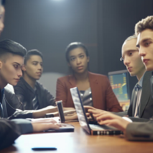 An image of a diverse group of teenagers sitting around a table, engrossed in a stock market simulation game on their laptops