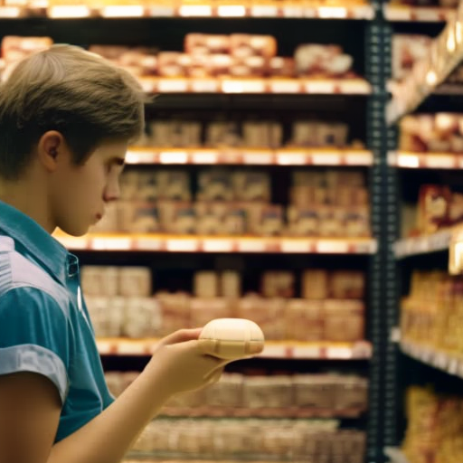 An image of a teenager holding a piggy bank, carefully inspecting a price tag on a desired item while contemplating the value of money, surrounded by a backdrop of shelves stocked with various goods