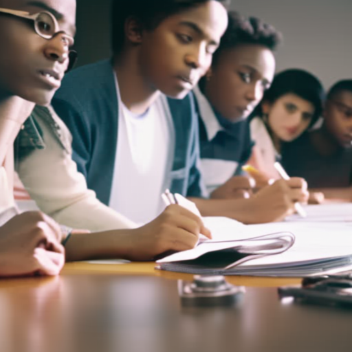 An image of a diverse group of teenagers sitting around a table, each holding a pen and paper, as they brainstorm and draw their individual financial goals
