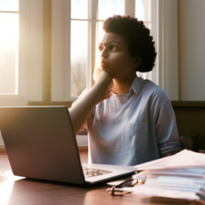 An image of a teenager sitting at a wooden desk, surrounded by a stack of bills, a piggy bank, and a laptop displaying a budget spreadsheet