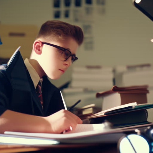 An image of a determined teenager, sleeves rolled up, diligently working at a desk cluttered with textbooks and financial documents