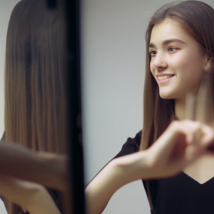 An image capturing a teenage girl standing in front of a mirror, her reflection revealing a confident smile juxtaposed with a fragmented mirror displaying distorted images, symbolizing the complex relationship between body image and self-esteem