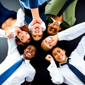 An image showcasing a diverse group of teenagers actively engaged in team-building activities, displaying qualities of communication, problem-solving, and collaboration, while emphasizing their growth and development as emerging leaders