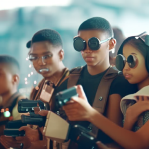 An image showcasing a diverse group of teenagers engaged in various online activities, while surrounded by protective shields symbolizing safety