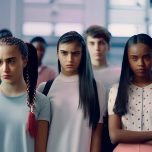 An image showcasing a diverse group of teenagers standing together, confidently blocking out negative online comments and messages