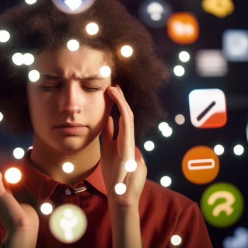 An image showing a teenager holding a smartphone, deep in thought, with various social media icons floating around their head