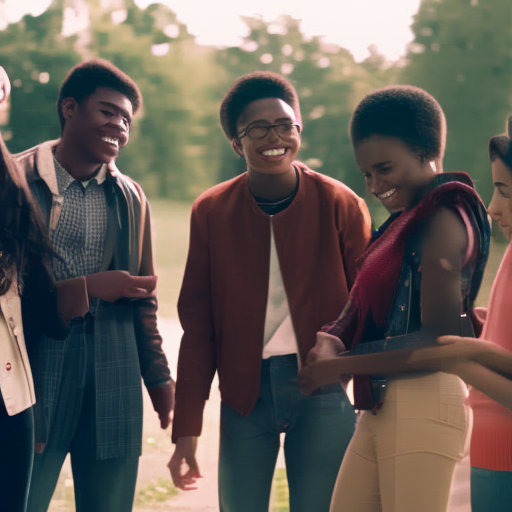 An image showing a diverse group of teenagers engaged in a friendly conversation on social media, emphasizing positive body language, active listening, and respectful interaction