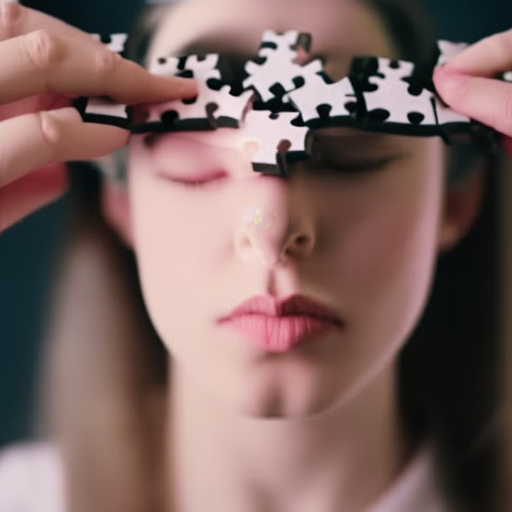 An image depicting a teenager carefully shaping a jigsaw puzzle of their face from positive social media posts, while avoiding negative posts represented as broken puzzle pieces
