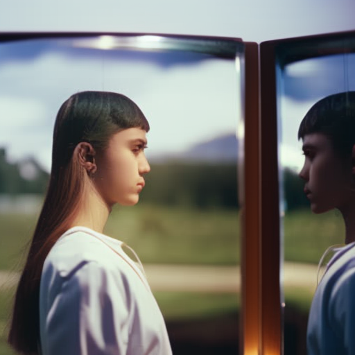 An image of a teenager standing in front of a two-way mirror, reflecting their digital self on one side and their real-life self on the other, emphasizing the importance of thoughtful sharing on social media