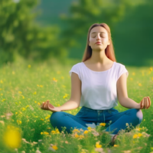 An image showcasing a serene teenager sitting cross-legged in a lush green meadow, surrounded by colorful wildflowers