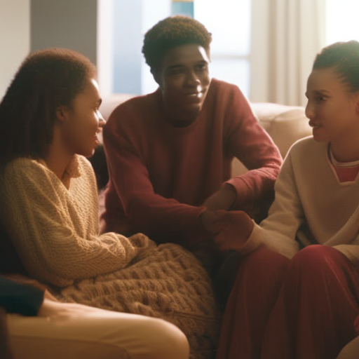 An image depicting a group of diverse teenagers engaged in a supportive conversation, sharing their worries and offering comfort
