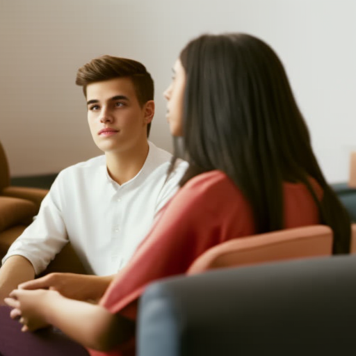 An image depicting a teenager sitting in a therapist's office, surrounded by a warm and inviting atmosphere
