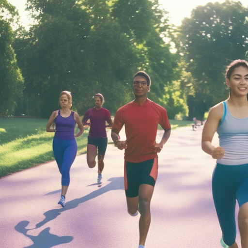 An image of a group of diverse teenagers engaged in various physical activities like jogging, yoga, and cycling in a serene park, showcasing a vibrant atmosphere of positivity and stress relief
