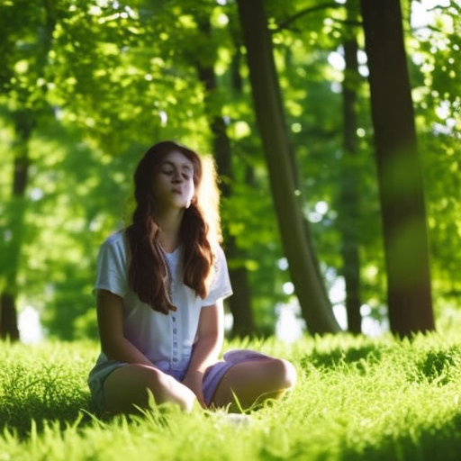 An image showcasing a serene scene of a teenager sitting cross-legged in a lush green meadow, eyes closed, hands gently placed on their thighs