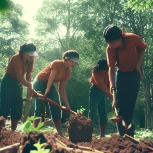An image showcasing a group of passionate teenage volunteers planting trees in a lush forest, their determined faces covered in sweat, as they work together to restore and preserve the beauty of nature