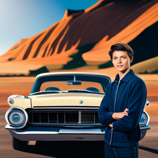 An image depicting a teenager standing in front of a used car, holding a vehicle history report