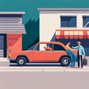 An image showcasing a teenage driver cautiously inspecting a used car, meticulously examining the tires, peering into the engine, and checking under the hood, while a knowledgeable adult stands nearby, offering advice