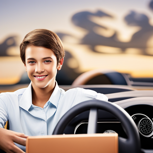 An image depicting a confident teenager behind the wheel, hands firmly gripping the steering wheel, with a variety of cars parked nearby