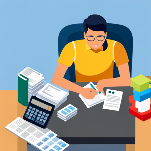 An image of a teenager sitting at a desk, surrounded by stacks of colorful paper representing bills, as they meticulously calculate their car budget on a calculator, showcasing the importance of setting a realistic financial plan