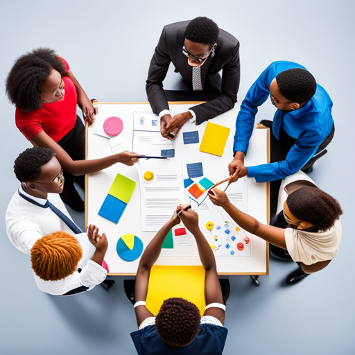 An image showcasing a diverse group of motivated teenagers engaged in a discussion, surrounded by career-related visual aids such as charts, post-it notes, and a roadmap, symbolizing their determination in setting career goals and developing a strategic plan