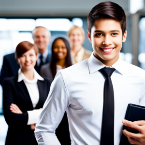 An image showcasing a teenager confidently dressed in professional attire, holding a resume and engaging in a mock interview with an adult mentor