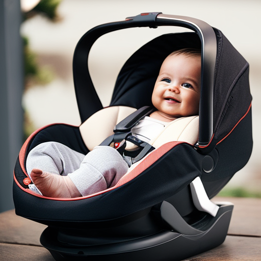 An image showcasing a sleek, modern infant car seat with reinforced steel frame, energy-absorbing foam, and an adjustable five-point harness system, emphasizing its superior safety features
