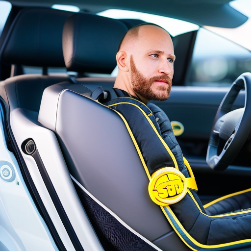 An image capturing the intense moment of a simulated car crash, revealing a crash test dummy securely fastened in a technologically advanced car seat