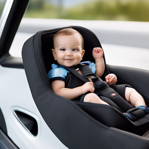 An image showcasing a sleek, modern convertible car seat that seamlessly transitions from rear-facing for infants to forward-facing for toddlers, highlighting its adjustable headrest, plush padding, and reinforced side-impact protection