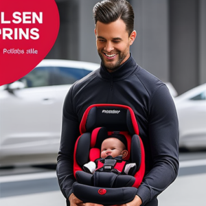 An image showcasing a sleek, ergonomic car seat design with plush memory foam padding, adjustable headrest, and a five-point harness system