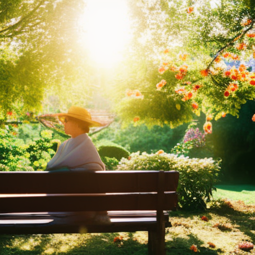 An image that depicts a worn-out parent sitting on a park bench, peacefully enjoying a cup of tea, surrounded by vibrant flowers and sunlight, radiating a sense of relaxation and self-care