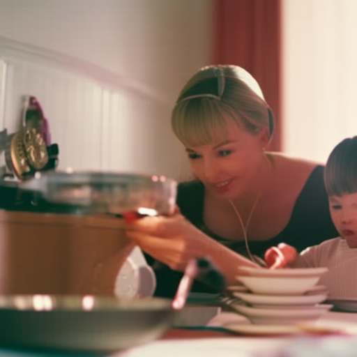 An image showcasing a parent juggling multiple tasks: preparing meals, helping with homework, scheduling appointments, and tackling household chores, all within a clock-shaped background, symbolizing the constant race against time